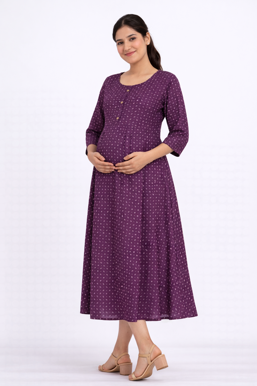 Purple Printed Cotton Blend Maternity Kurti with Double Side Feeding Zip
