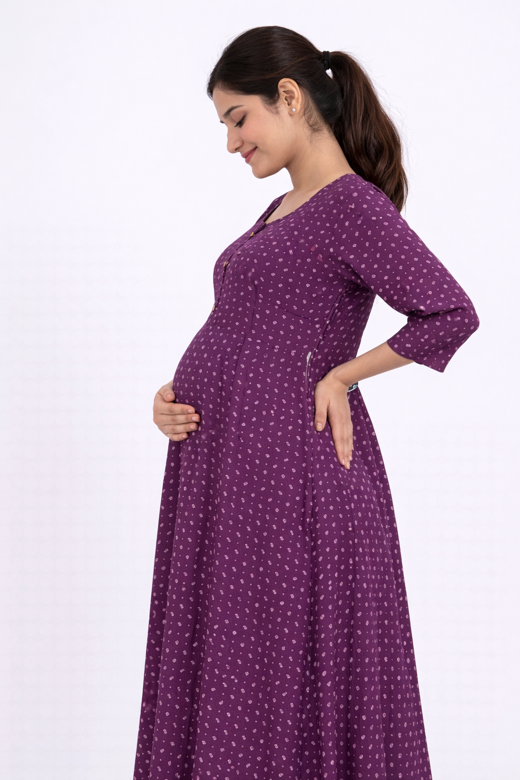 Purple Printed Cotton Blend Maternity Kurti with Double Side Feeding Zip