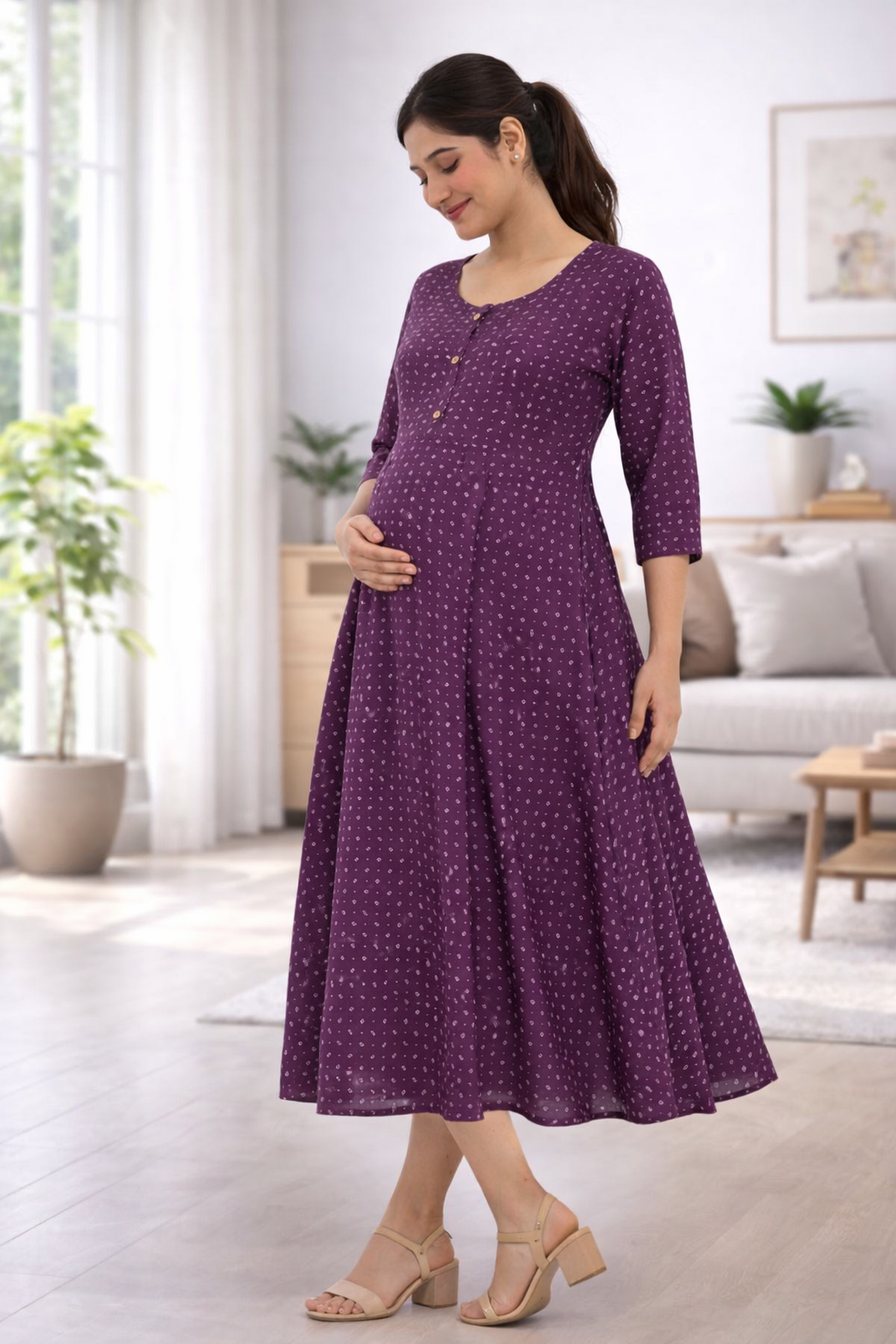 Purple Printed Cotton Blend Maternity Kurti with Double Side Feeding Zip
