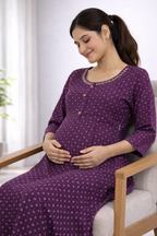 Purple Printed Cotton Blend Maternity Kurti with Double Side Feeding Zip