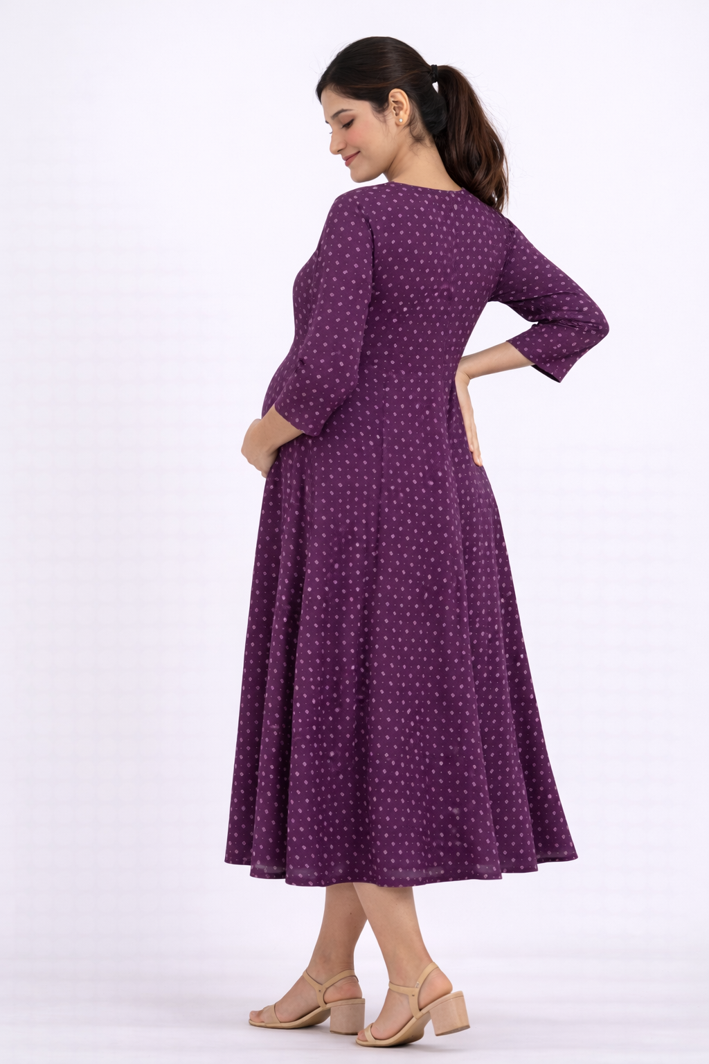 Purple Printed Cotton Blend Maternity Kurti with Double Side Feeding Zip