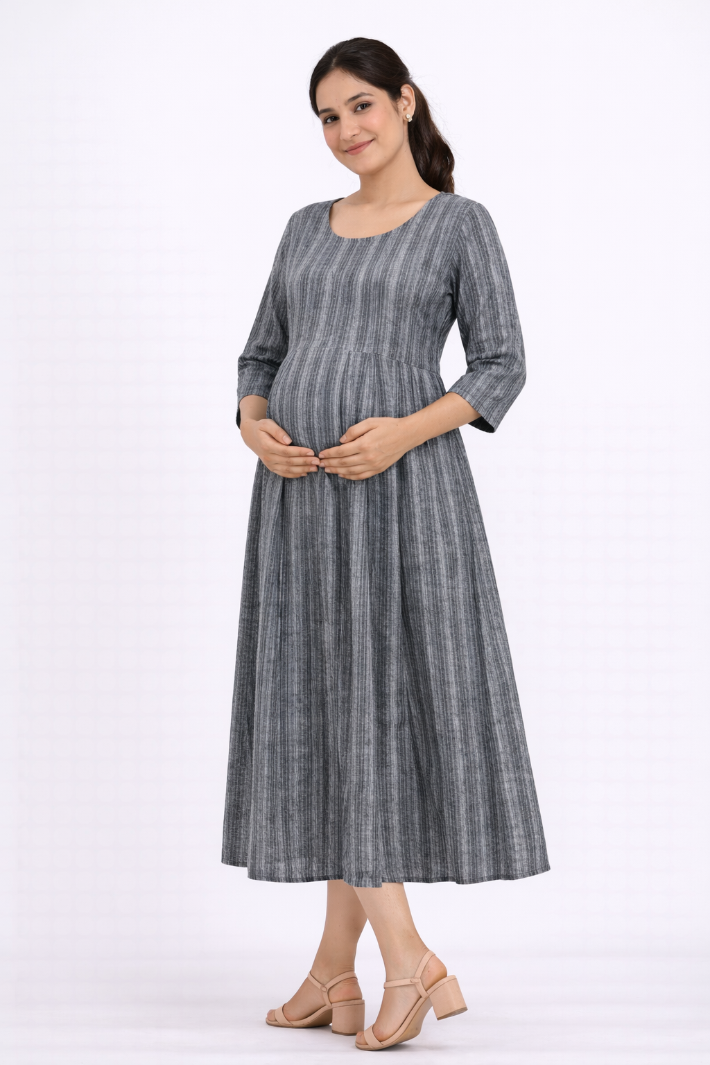 Grey Cotton Blend Maternity Kurti with Double Side Invisible Feeding Zip