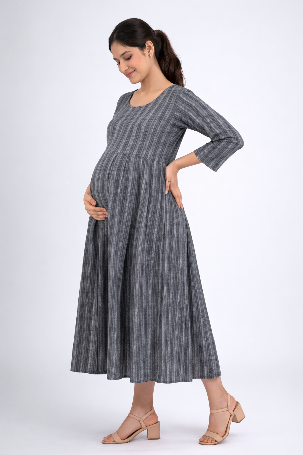 Grey Cotton Blend Maternity Kurti with Double Side Invisible Feeding Zip