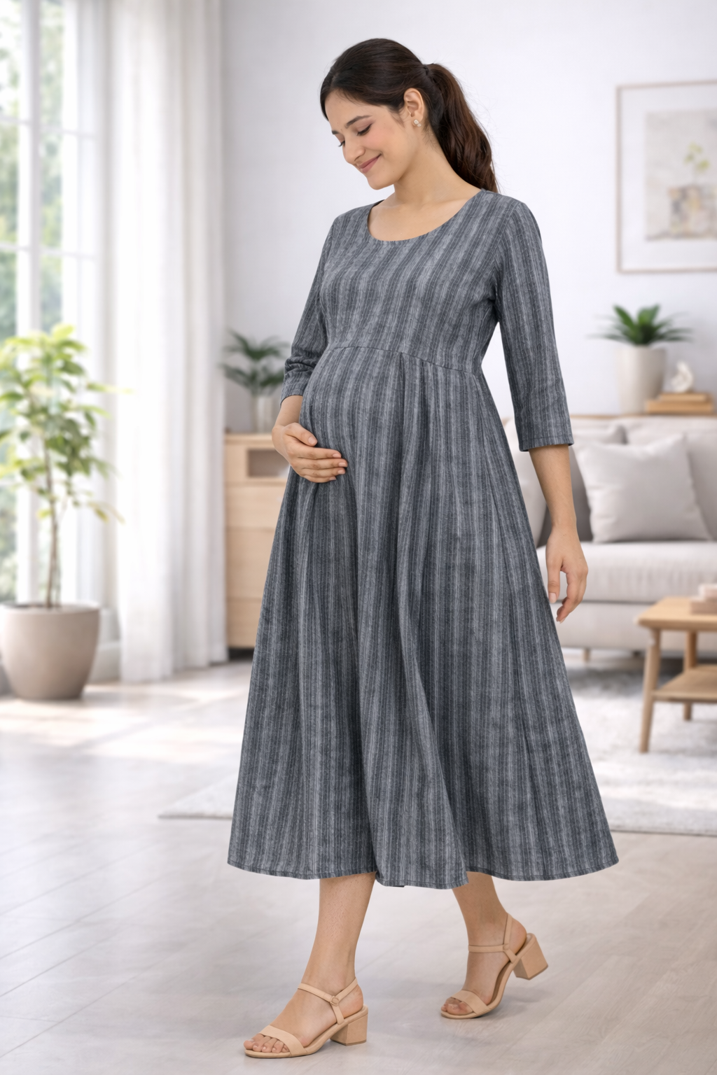 Grey Cotton Blend Maternity Kurti with Double Side Invisible Feeding Zip