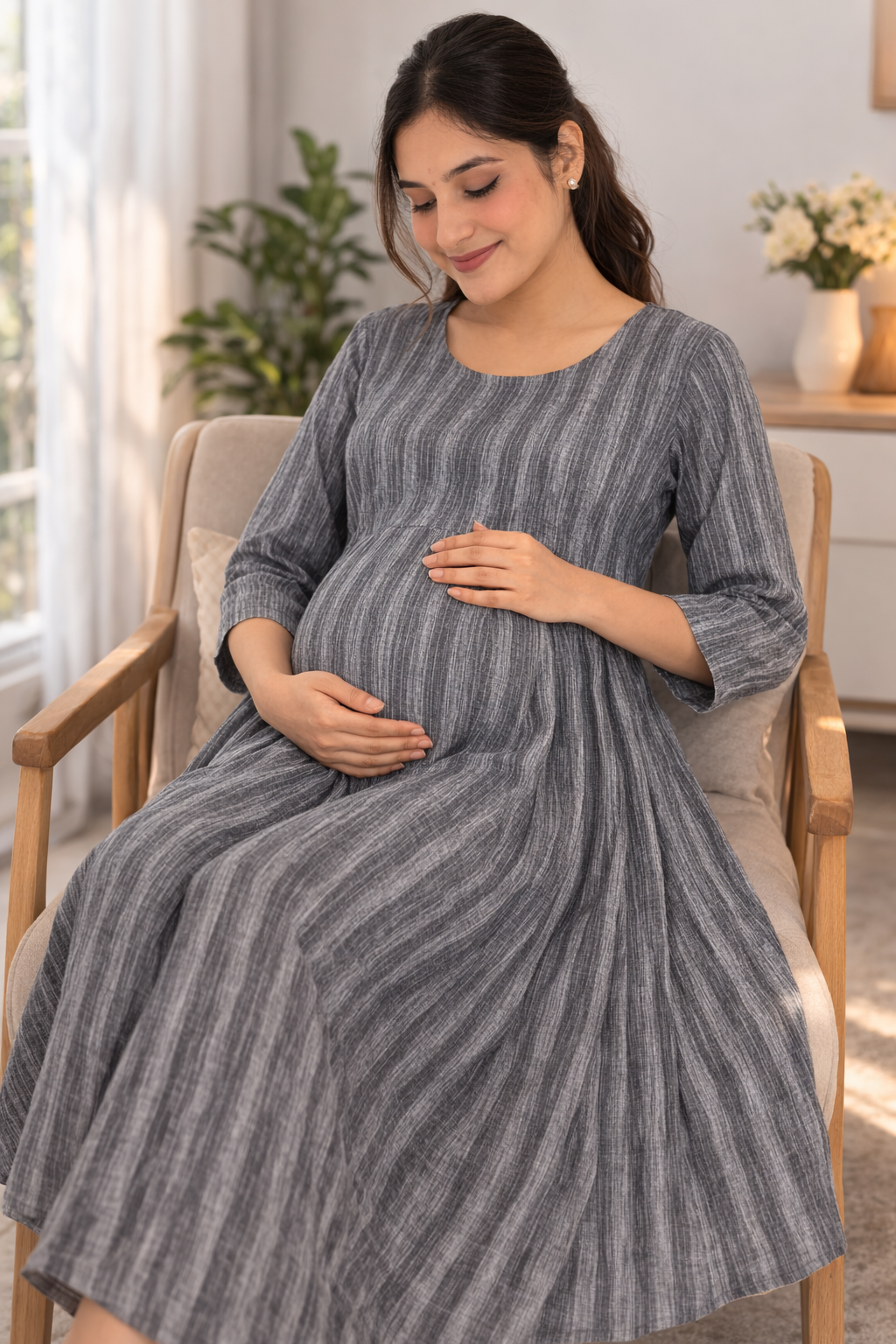 Grey Cotton Blend Maternity Kurti with Double Side Invisible Feeding Zip