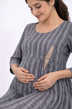 Grey Cotton Blend Maternity Kurti with Double Side Invisible Feeding Zip
