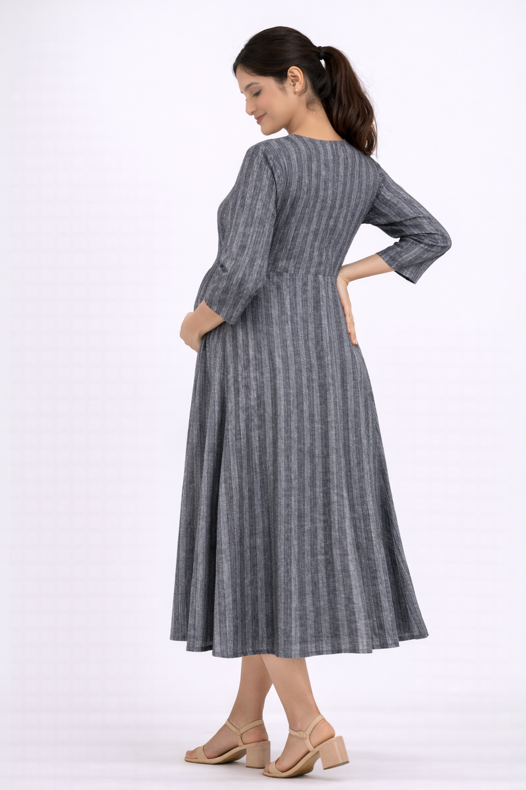 Grey Cotton Blend Maternity Kurti with Double Side Invisible Feeding Zip