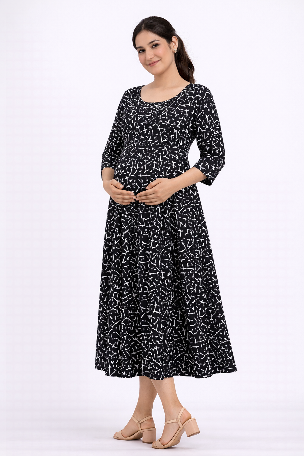 Black Printed Cotton Blend Maternity Kurti with Double Side Feeding Zip
