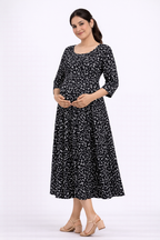 Black Printed Cotton Blend Maternity Kurti with Double Side Feeding Zip
