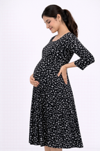 Black Printed Cotton Blend Maternity Kurti with Double Side Feeding Zip