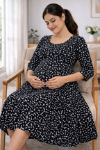 Black Printed Cotton Blend Maternity Kurti with Double Side Feeding Zip
