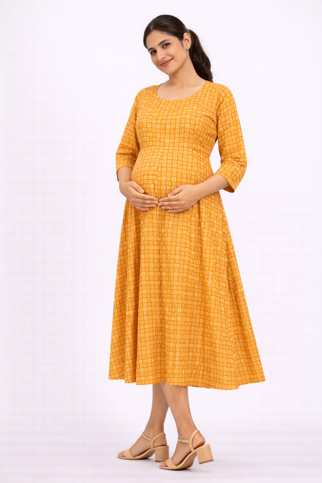 Mustard Yellow Printed Cotton Blend Maternity Kurti with Double Side Feeding Zip
