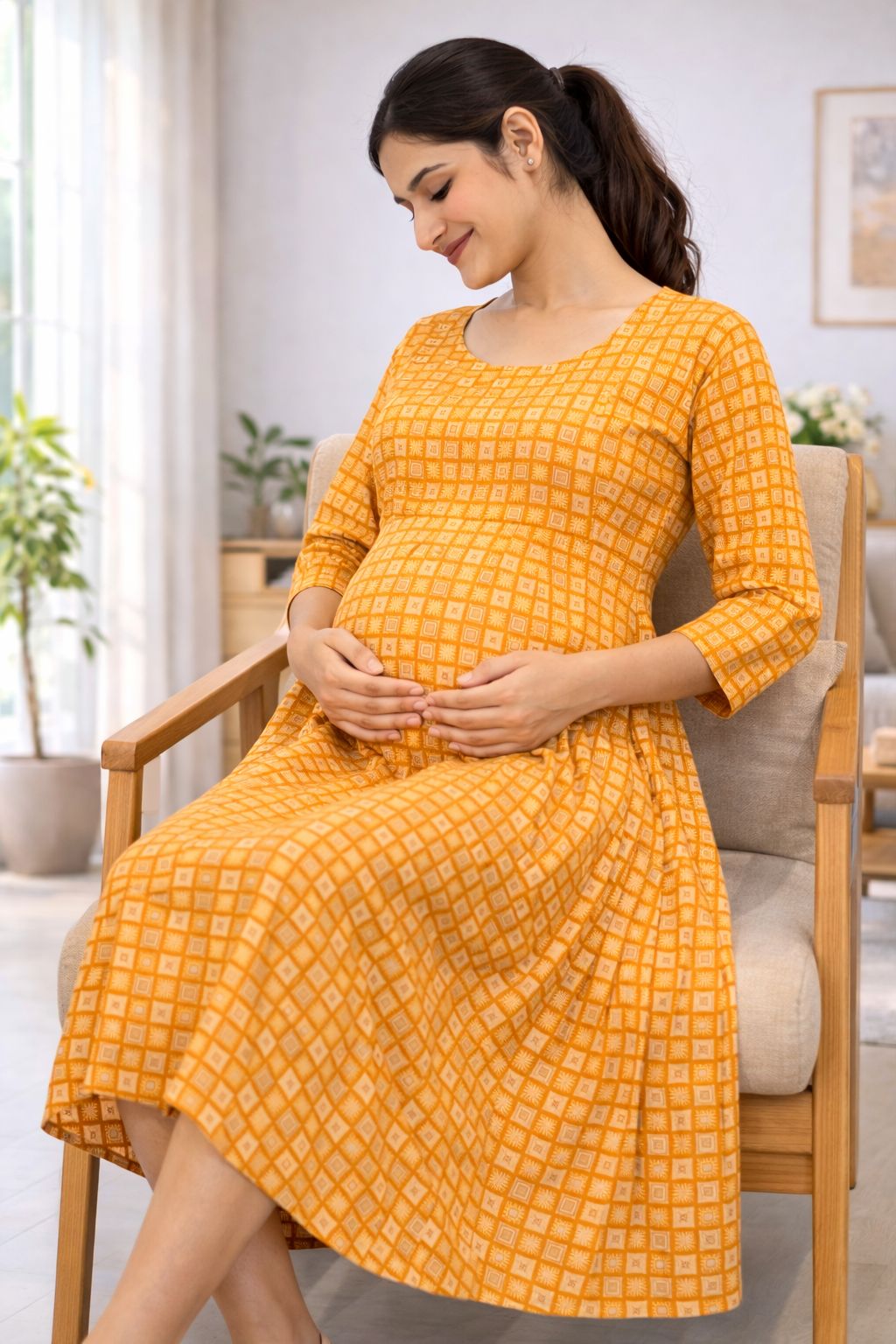 Mustard Yellow Printed Cotton Blend Maternity Kurti with Double Side Feeding Zip