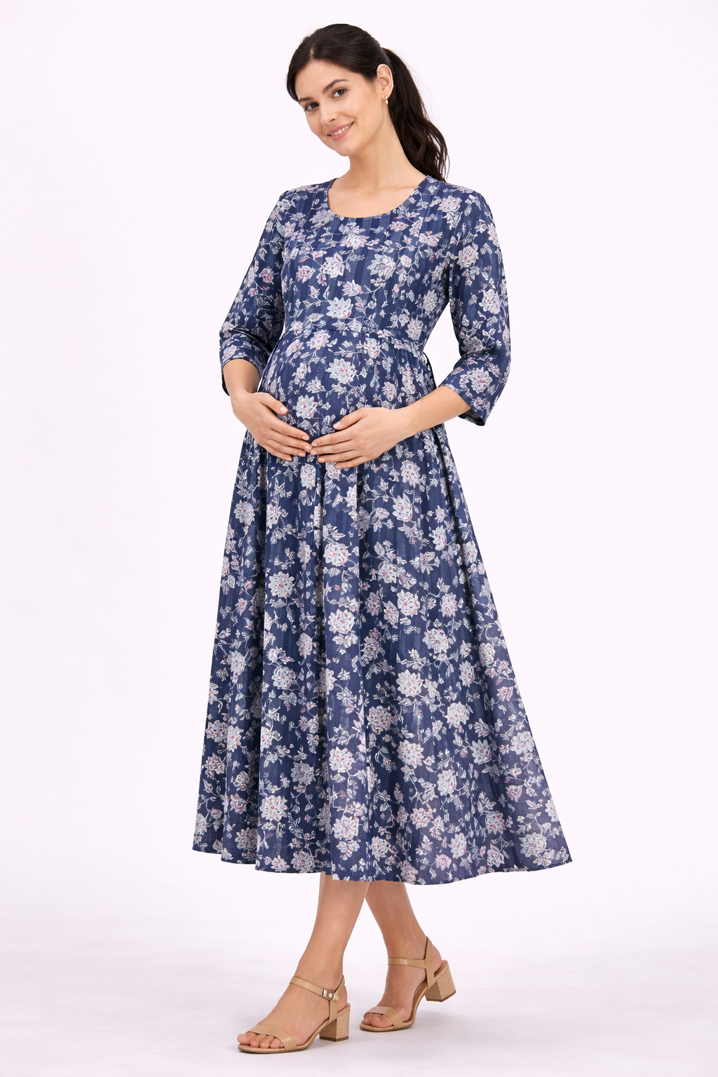 Navy Blue Floral Cotton Maternity Wear with Double Side Invisible Zip