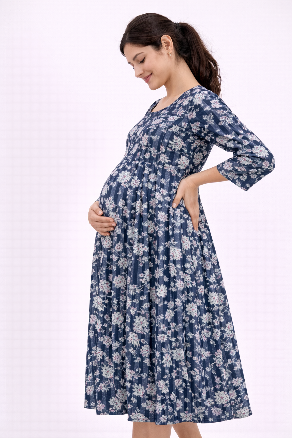 Navy Blue Floral Cotton Maternity Wear with Double Side Invisible Zip