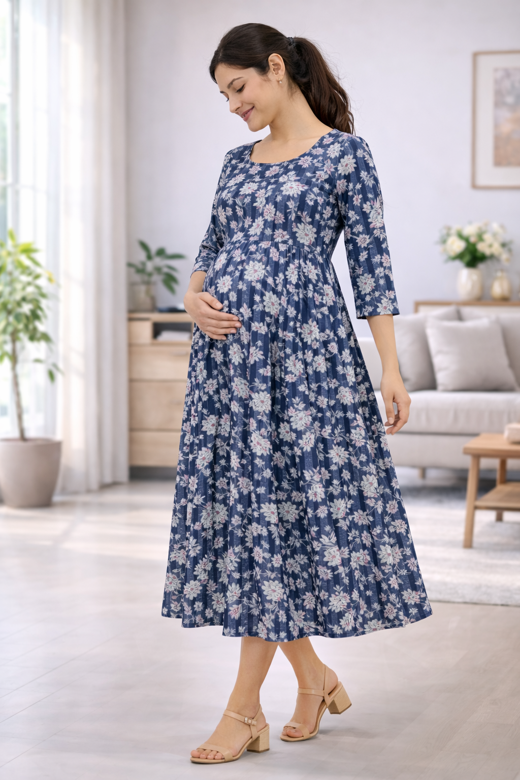 Navy Blue Floral Cotton Maternity Wear with Double Side Invisible Zip