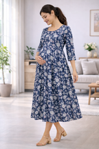 Navy Blue Floral Cotton Maternity Wear with Double Side Invisible Zip