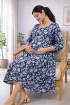 Navy Blue Floral Cotton Maternity Wear with Double Side Invisible Zip