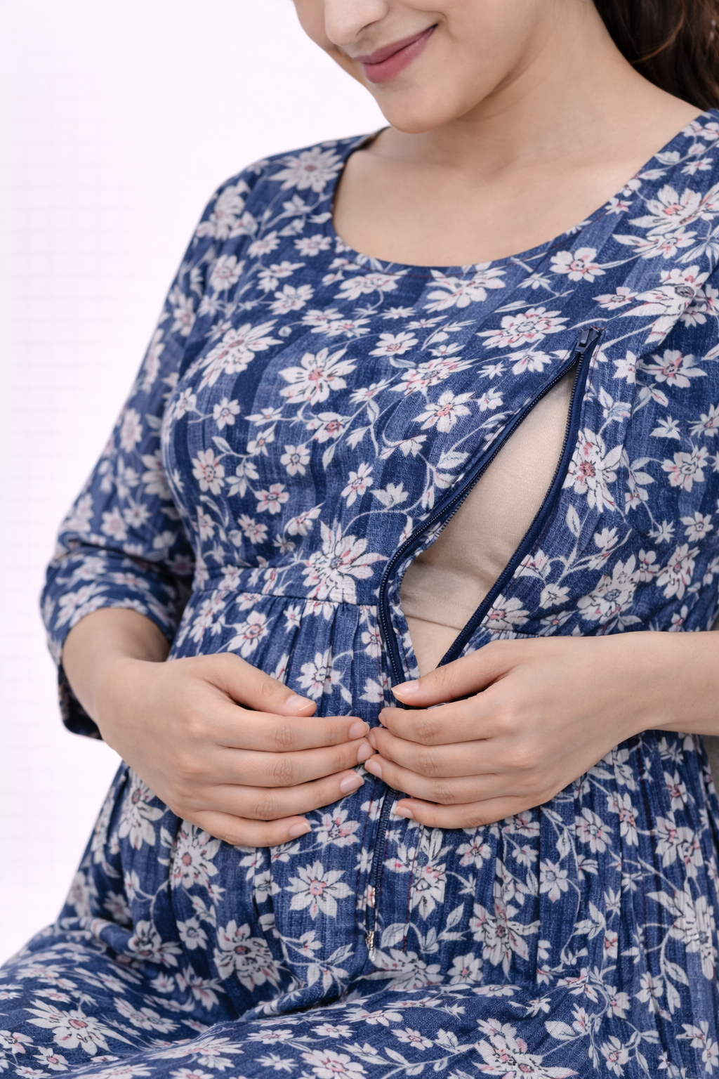 Navy Blue Floral Cotton Maternity Wear with Double Side Invisible Zip