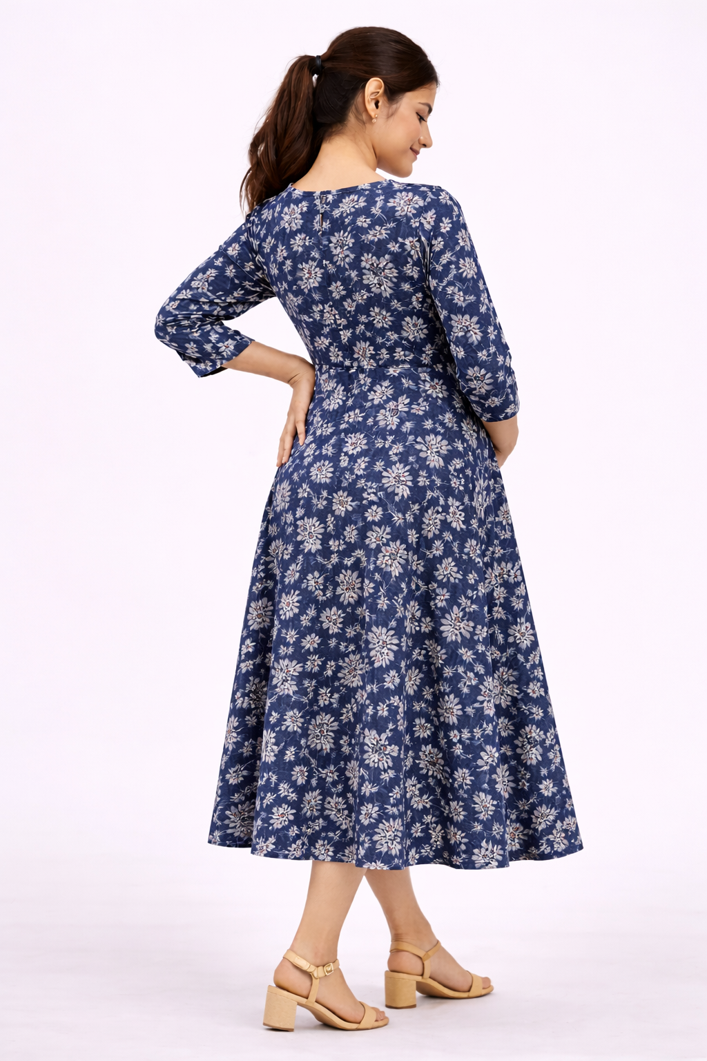 Navy Blue Floral Cotton Maternity Wear with Double Side Invisible Zip