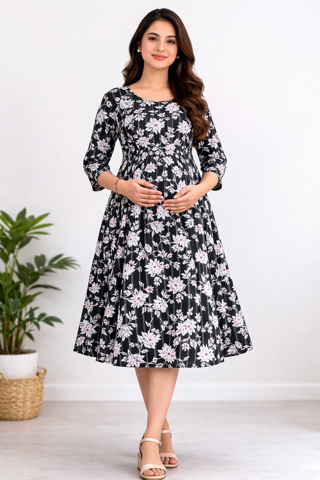 Black Floral Cotton Maternity Dress with Double Side Feeding Zip