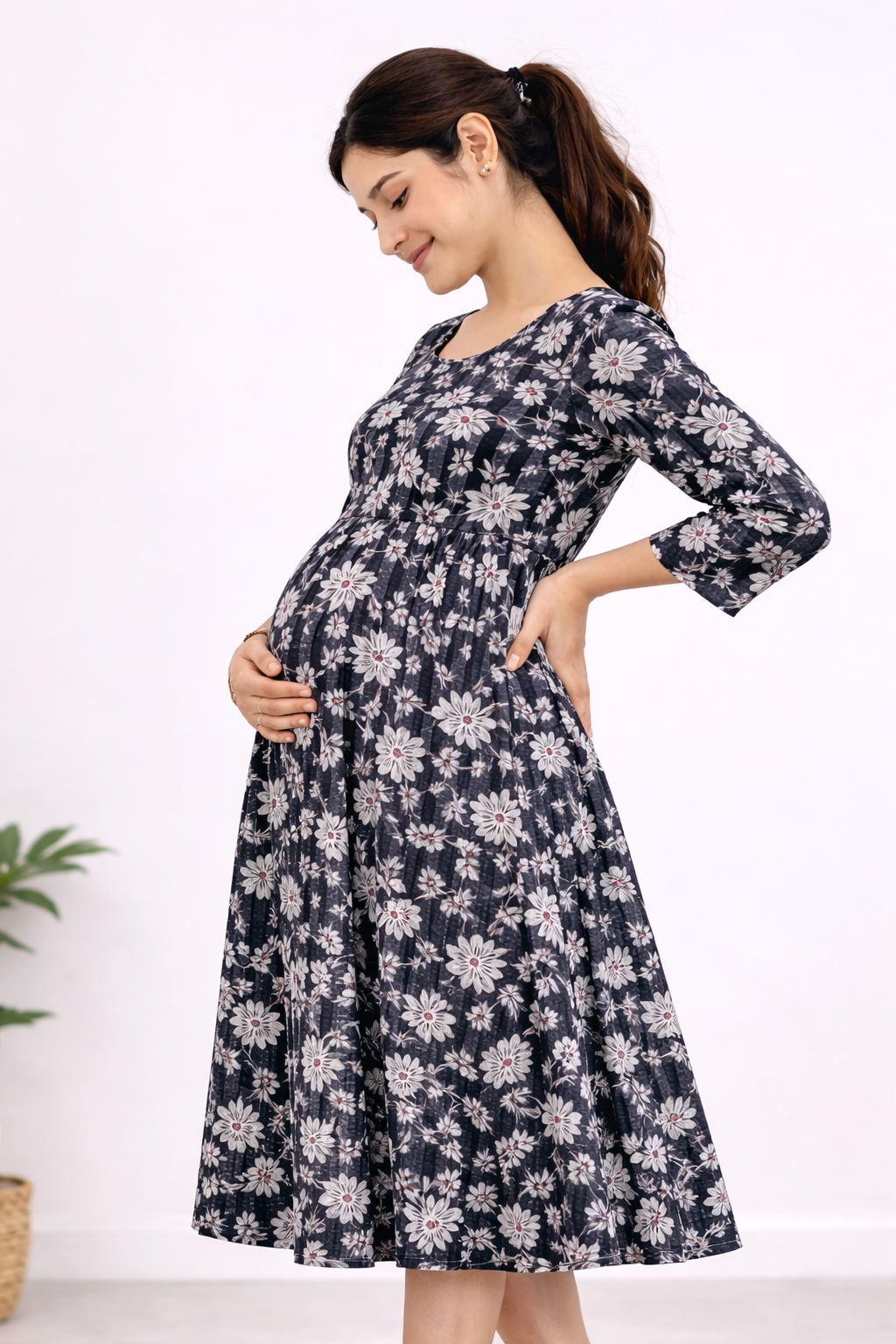 Black Floral Cotton Maternity Dress with Double Side Feeding Zip