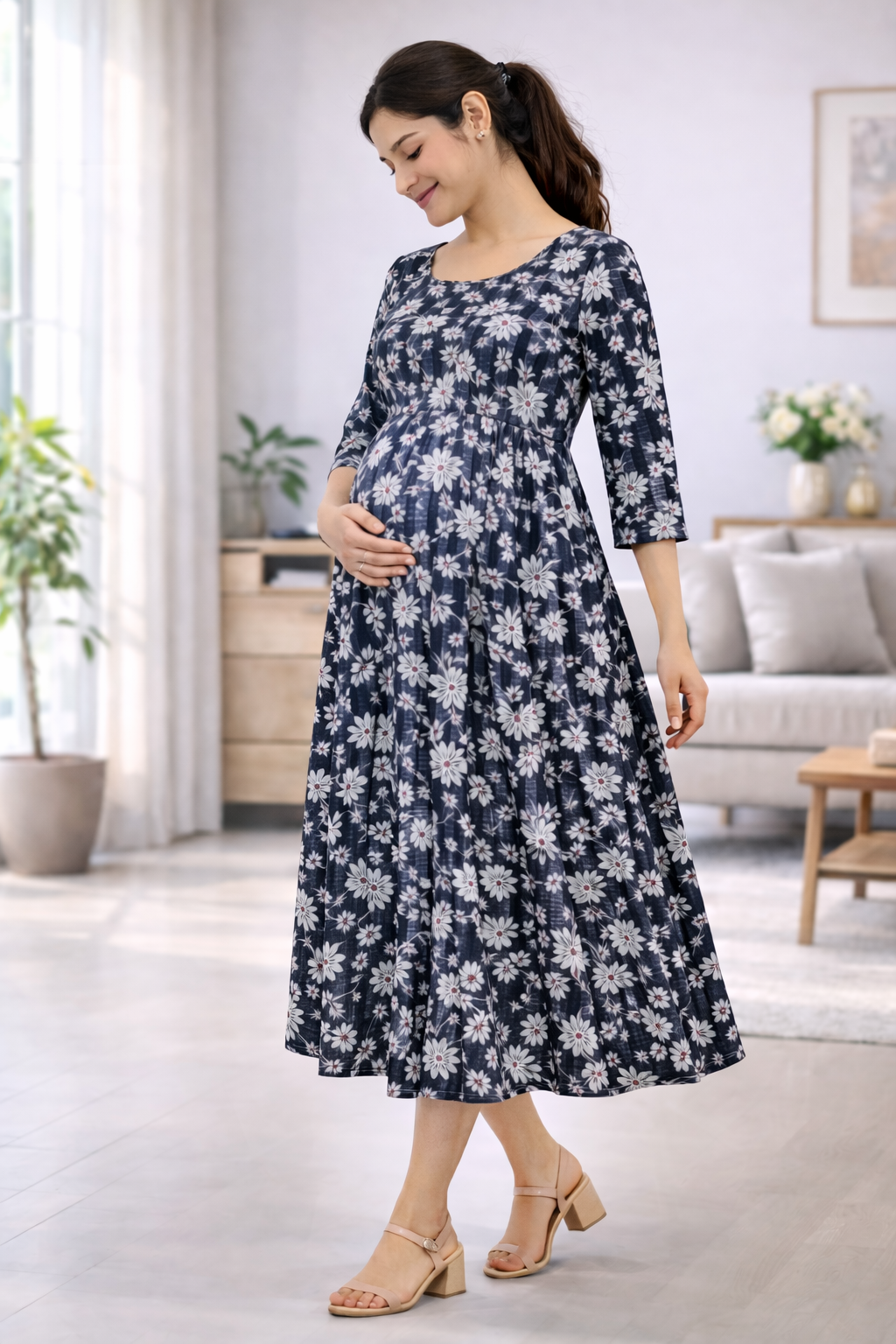 Black Floral Cotton Maternity Dress with Double Side Feeding Zip