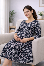 Black Floral Cotton Maternity Dress with Double Side Feeding Zip