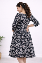 Black Floral Cotton Maternity Dress with Double Side Feeding Zip