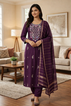 Elegant Purple Roman Silk Embroidered Salwar Suit with Dupatta