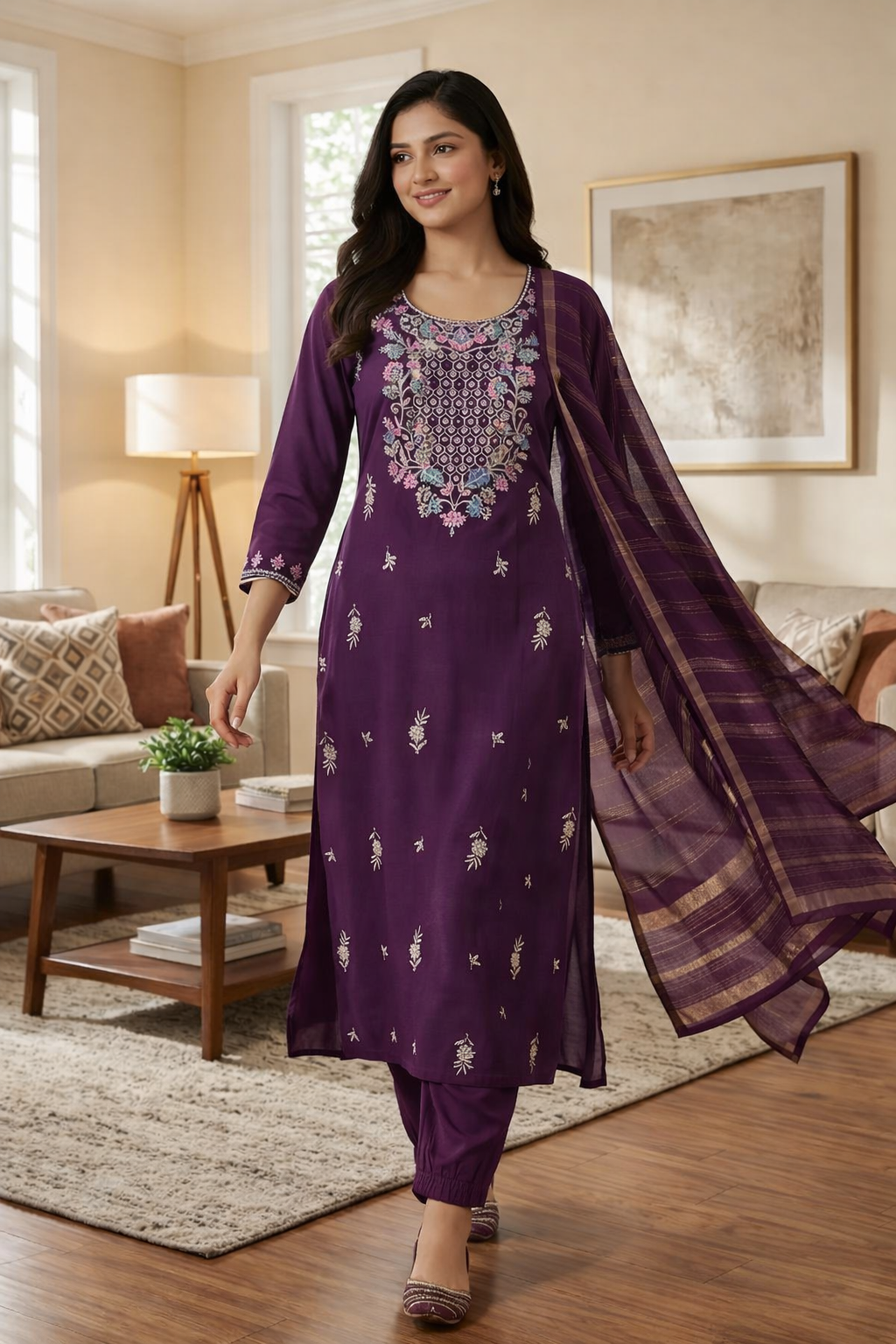 Elegant Purple Roman Silk Embroidered Salwar Suit with Dupatta