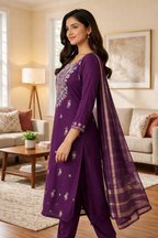 Elegant Purple Roman Silk Embroidered Salwar Suit with Dupatta