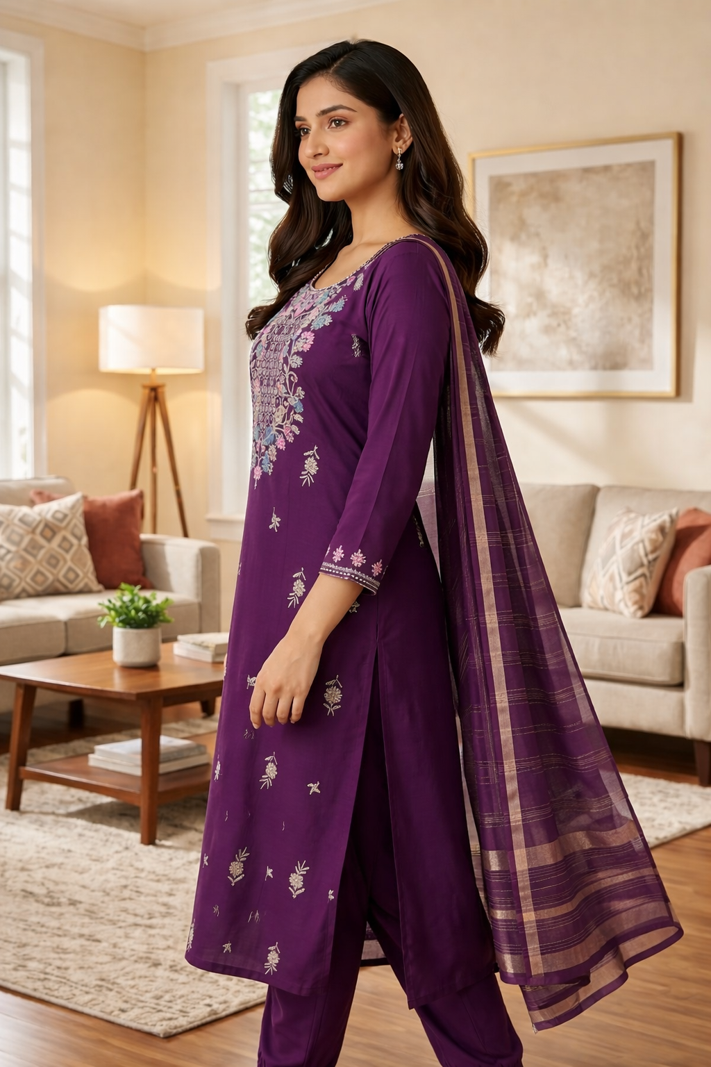 Elegant Purple Roman Silk Embroidered Salwar Suit with Dupatta