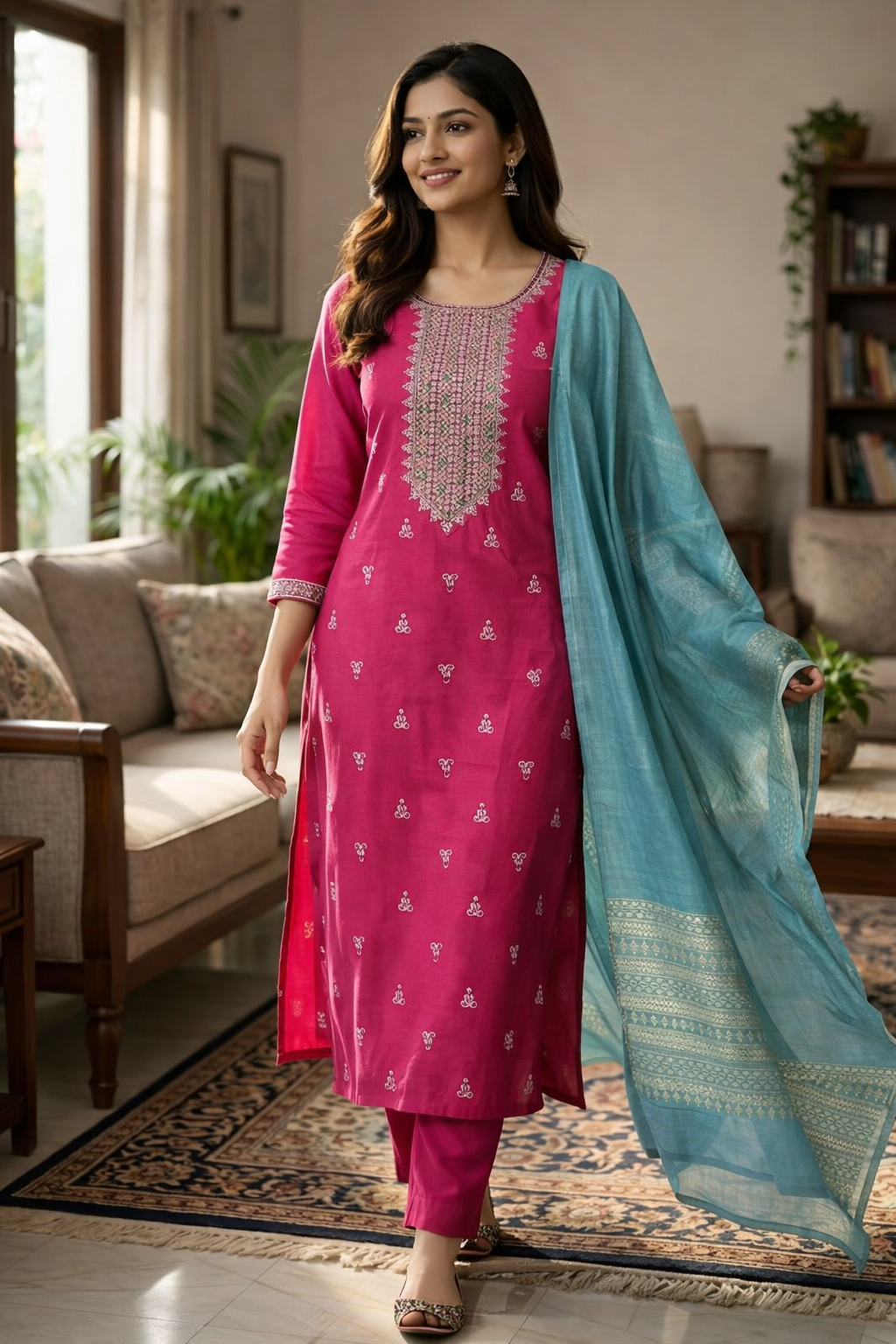 Elegant Pink Embroidered Salwar Suit with Contrast Blue Dupatta