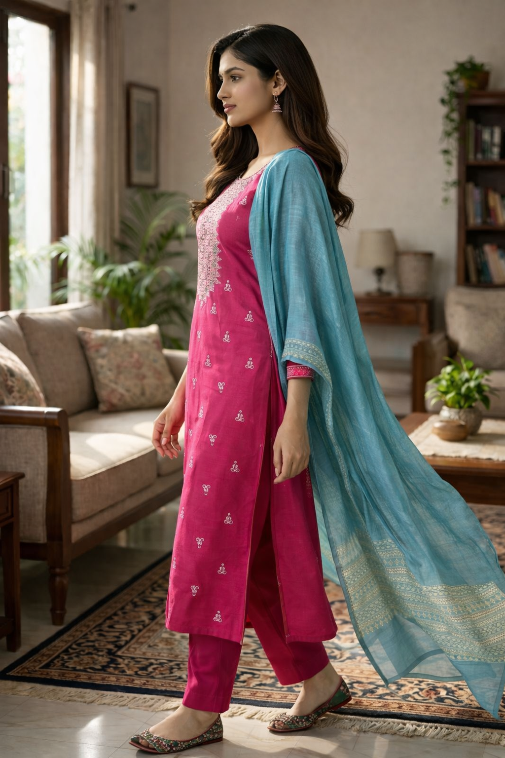 Elegant Pink Embroidered Salwar Suit with Contrast Blue Dupatta