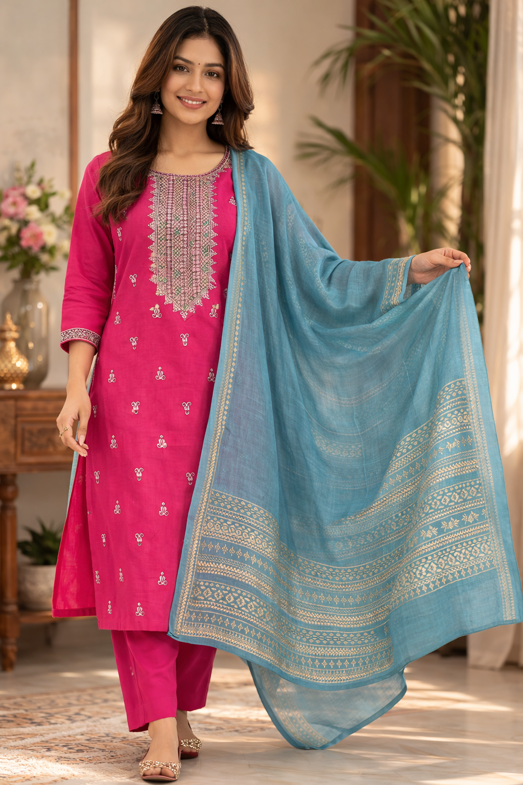 Elegant Pink Embroidered Salwar Suit with Contrast Blue Dupatta