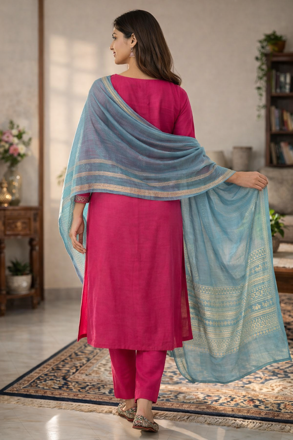 Elegant Pink Embroidered Salwar Suit with Contrast Blue Dupatta