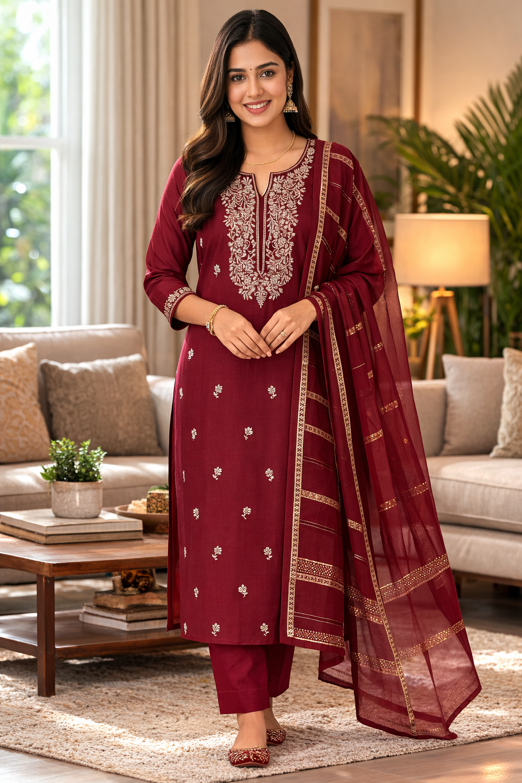Elegant Maroon Embroidered Roman Silk Salwar Suit with Dupatta