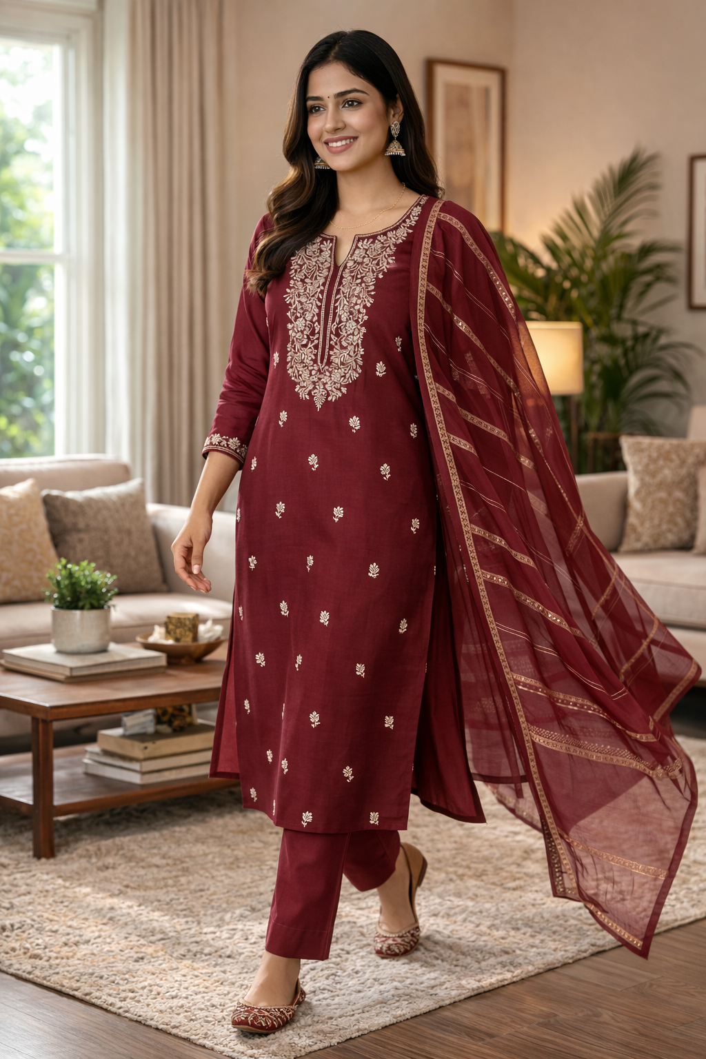 Elegant Maroon Embroidered Roman Silk Salwar Suit with Dupatta