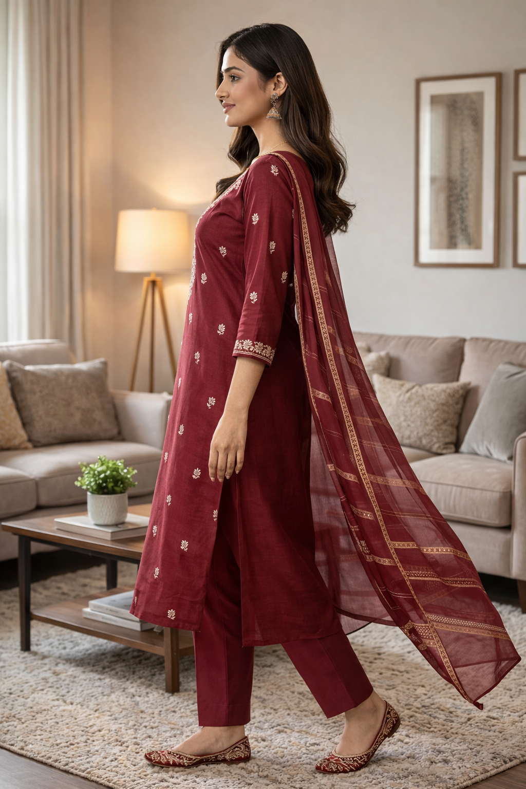 Elegant Maroon Embroidered Roman Silk Salwar Suit with Dupatta