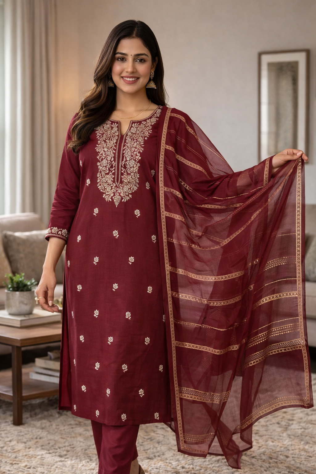 Elegant Maroon Embroidered Roman Silk Salwar Suit with Dupatta