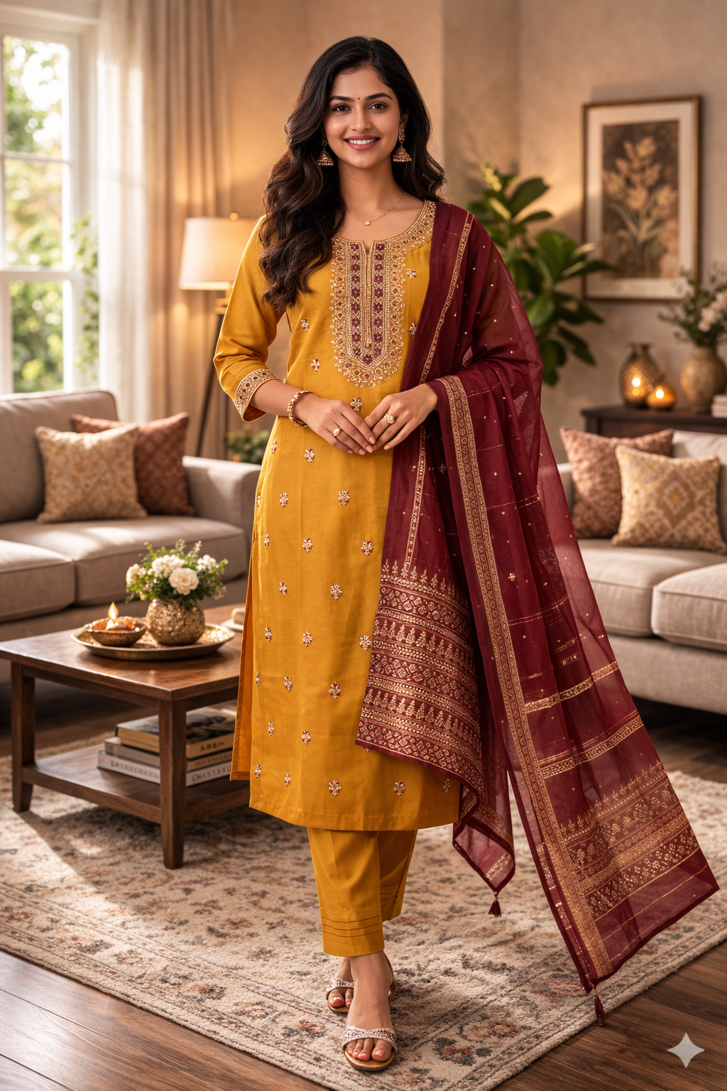 Elegant Mustard Yellow Embroidered Roman Silk Salwar Suit with Maroon Dupatta
