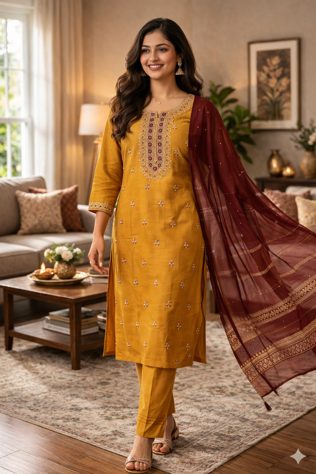 Elegant Mustard Yellow Embroidered Roman Silk Salwar Suit with Maroon Dupatta