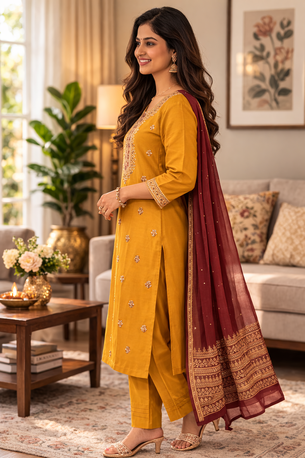Elegant Mustard Yellow Embroidered Roman Silk Salwar Suit with Maroon Dupatta