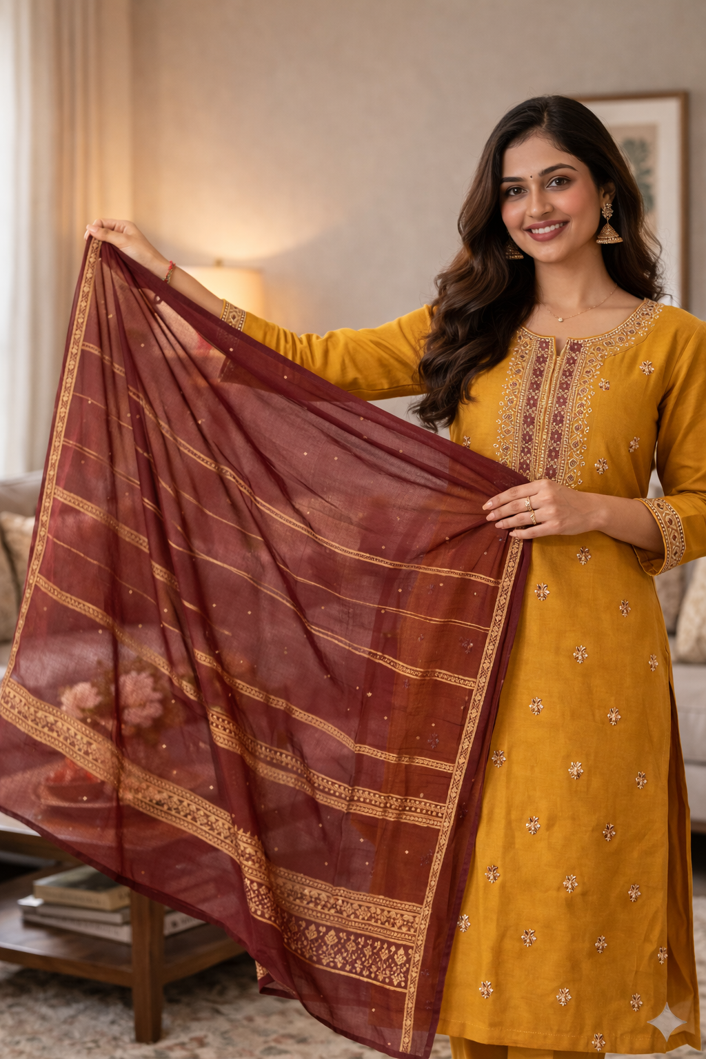 Elegant Mustard Yellow Embroidered Roman Silk Salwar Suit with Maroon Dupatta