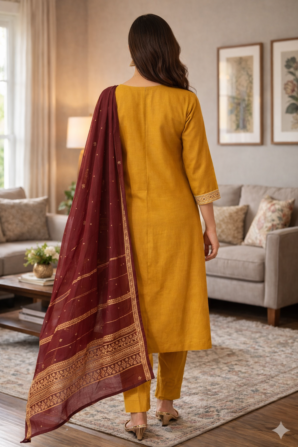 Elegant Mustard Yellow Embroidered Roman Silk Salwar Suit with Maroon Dupatta