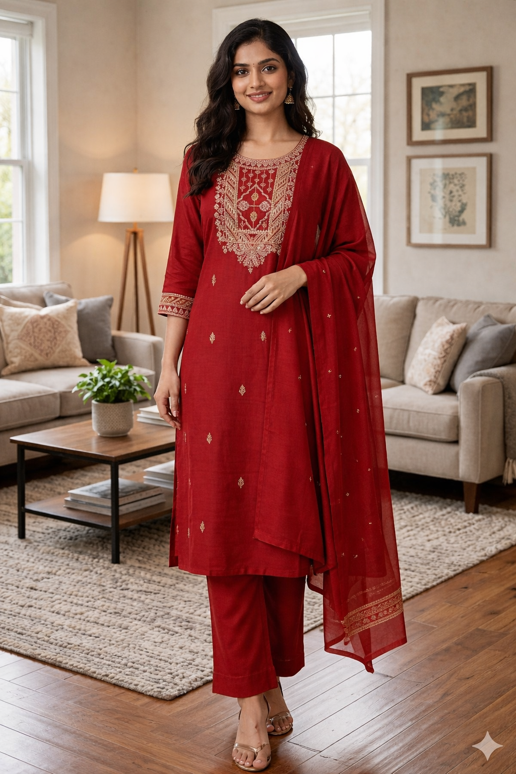 Elegant Red Roman Silk Embroidered Salwar Suit with Dupatta