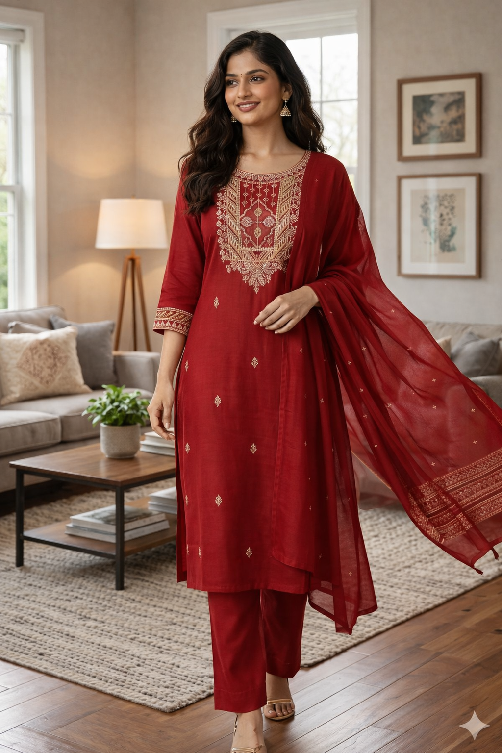 Elegant Red Roman Silk Embroidered Salwar Suit with Dupatta
