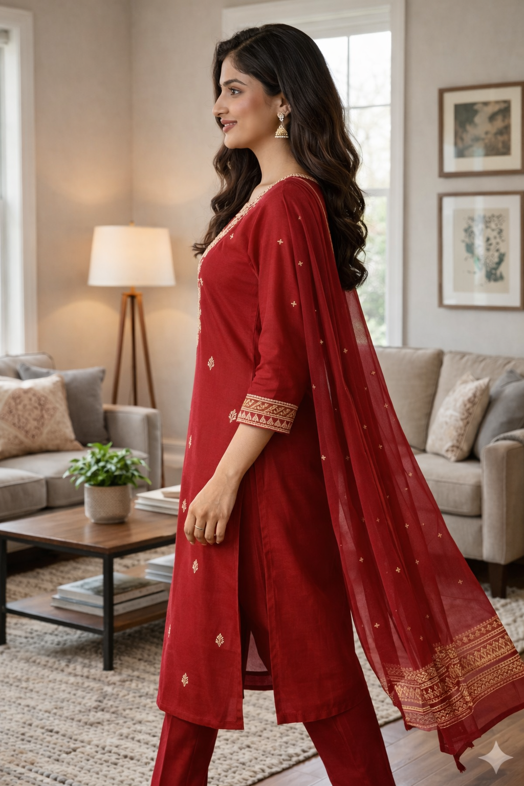 Elegant Red Roman Silk Embroidered Salwar Suit with Dupatta