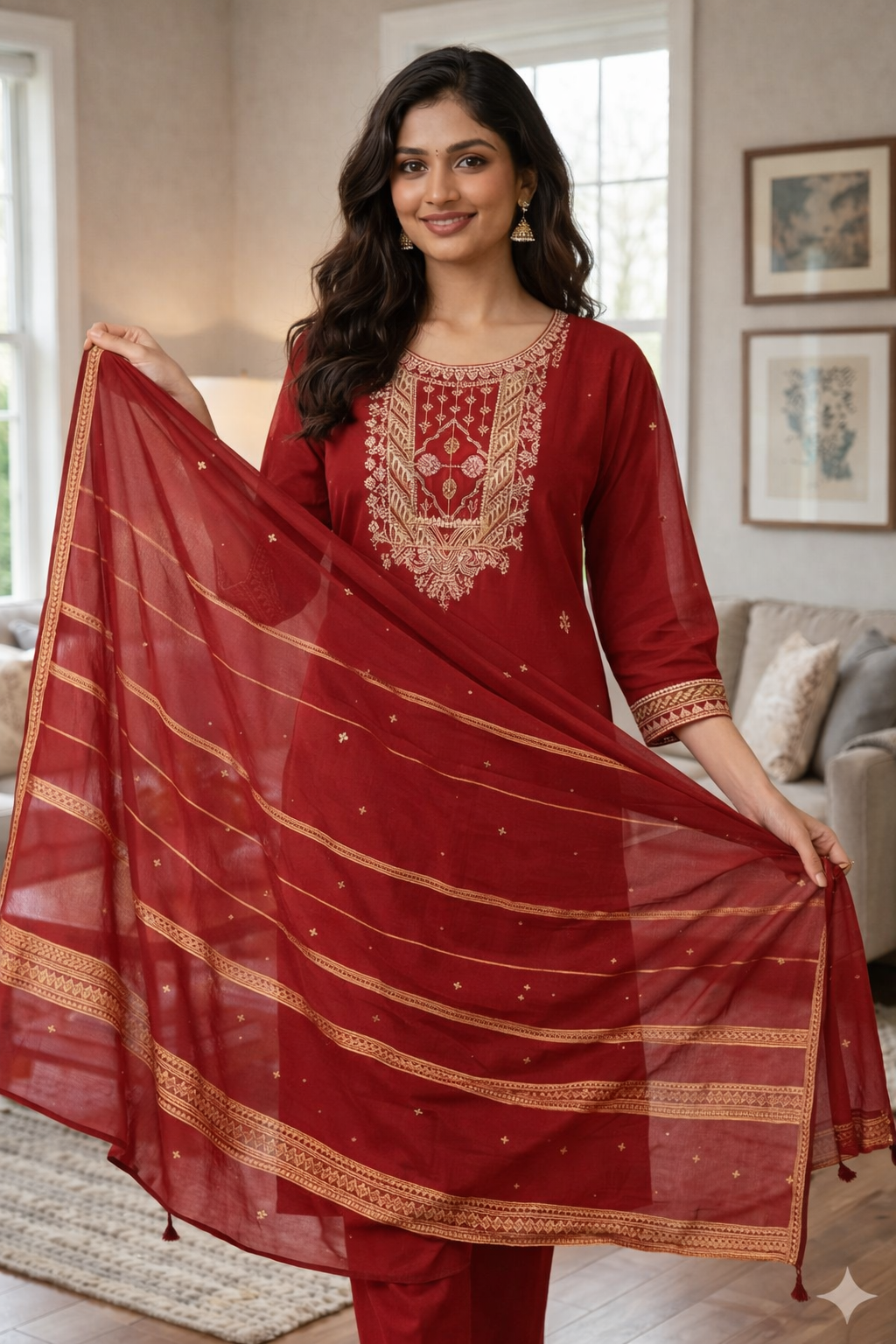 Elegant Red Roman Silk Embroidered Salwar Suit with Dupatta